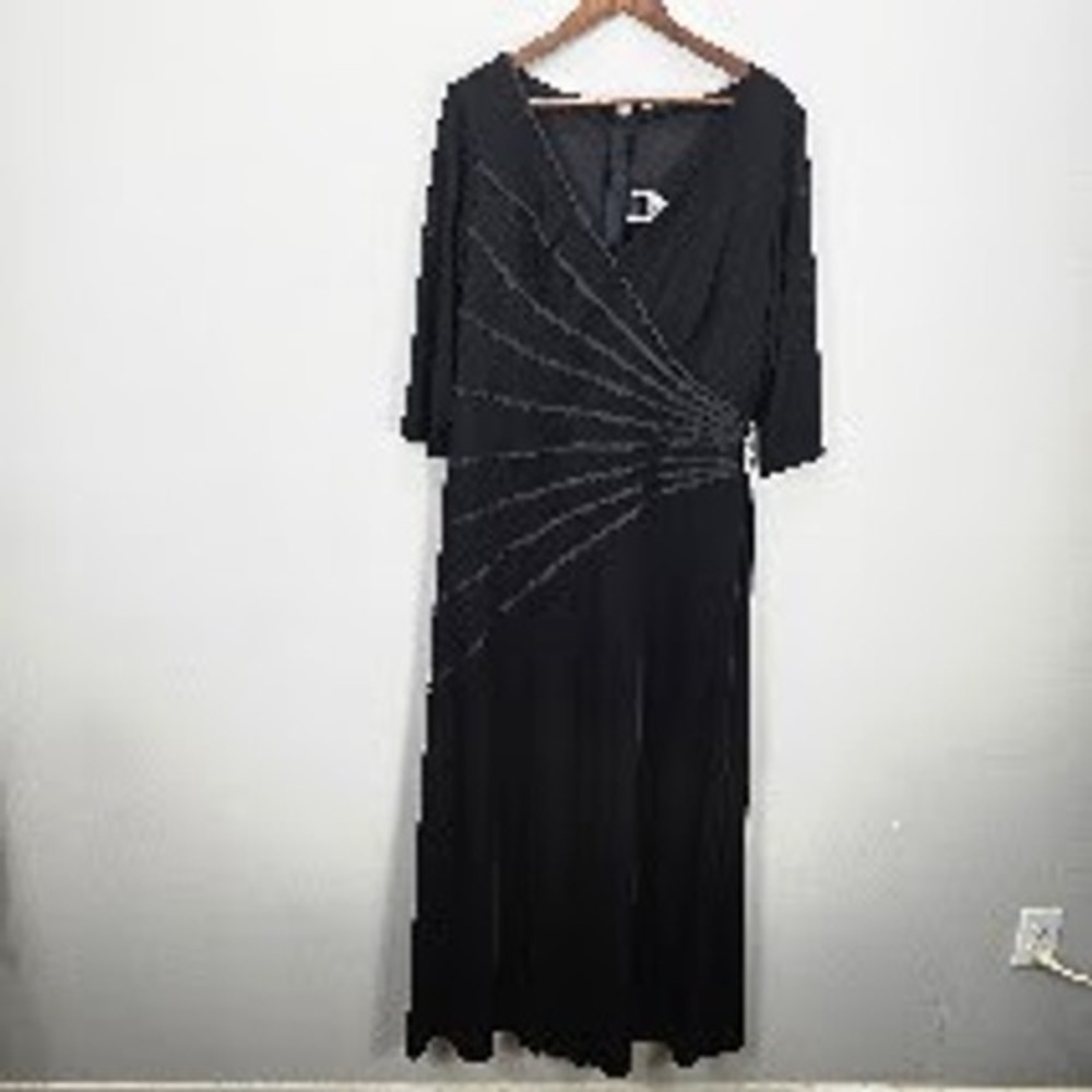 Vintage Tadashi Too Evening Dress Gown 1X Black Rhinestone Embellished Formal